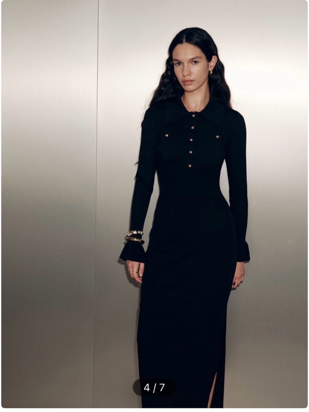 COMMENSE Black Ribbed Knit Midi Dress Gold Buttons Size S